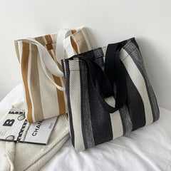 Striped Canvas Shoulder Bag for Women Casual Literature Art Large-capacity