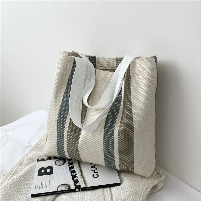 Striped Canvas Handbag Large Capacity Shoulder Bag for Women