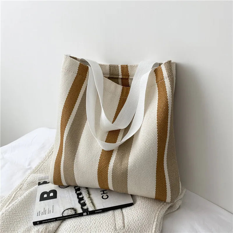 Striped Canvas Handbag Large Capacity Shoulder Bag for Women
