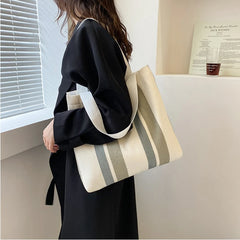 Striped Canvas Handbag Large Capacity Shoulder Bag for Women
