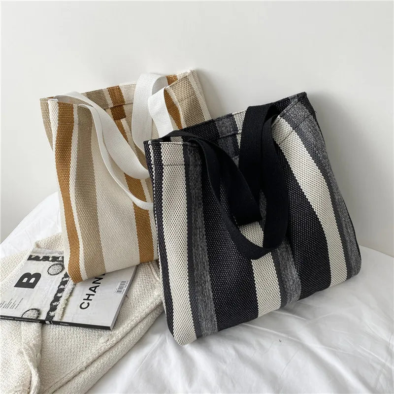 Striped Canvas Handbag Large Capacity Shoulder Bag for Women