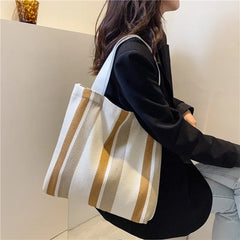 Striped Canvas Handbag Large Capacity Shoulder Bag for Women