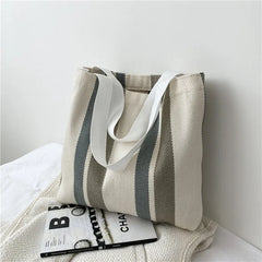 Striped Canvas Handbag Large Capacity Shoulder Bag for Women
