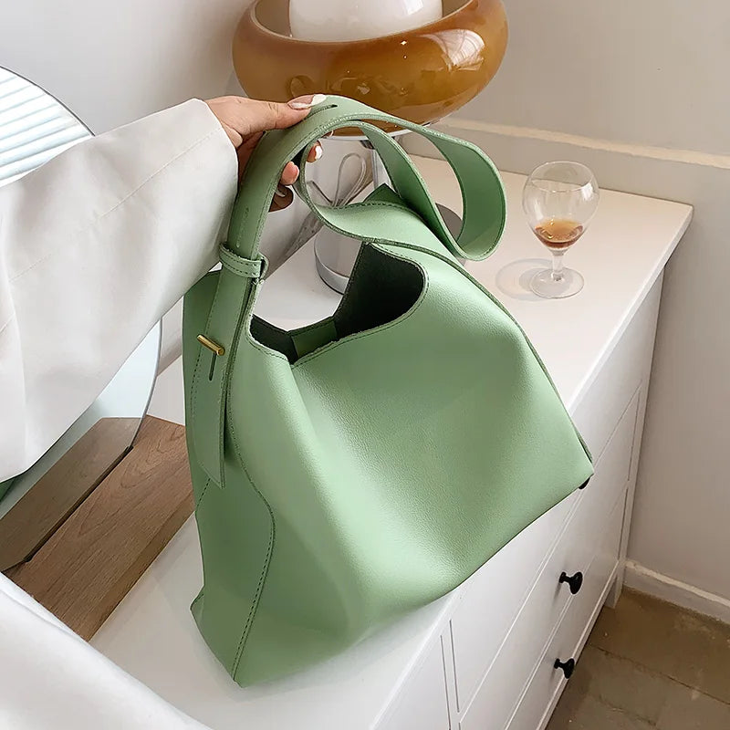 Vintage Soft Leather Bucket Shoulder Bag for Women