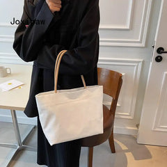 Solid Canvas Tote Bag Vintage Large Capacity Handbag Summer Female Shoulder Bags