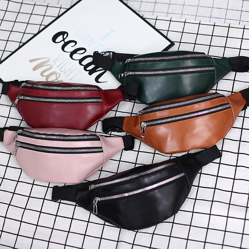 Double-zipper PU Leather Chest Bag for Women