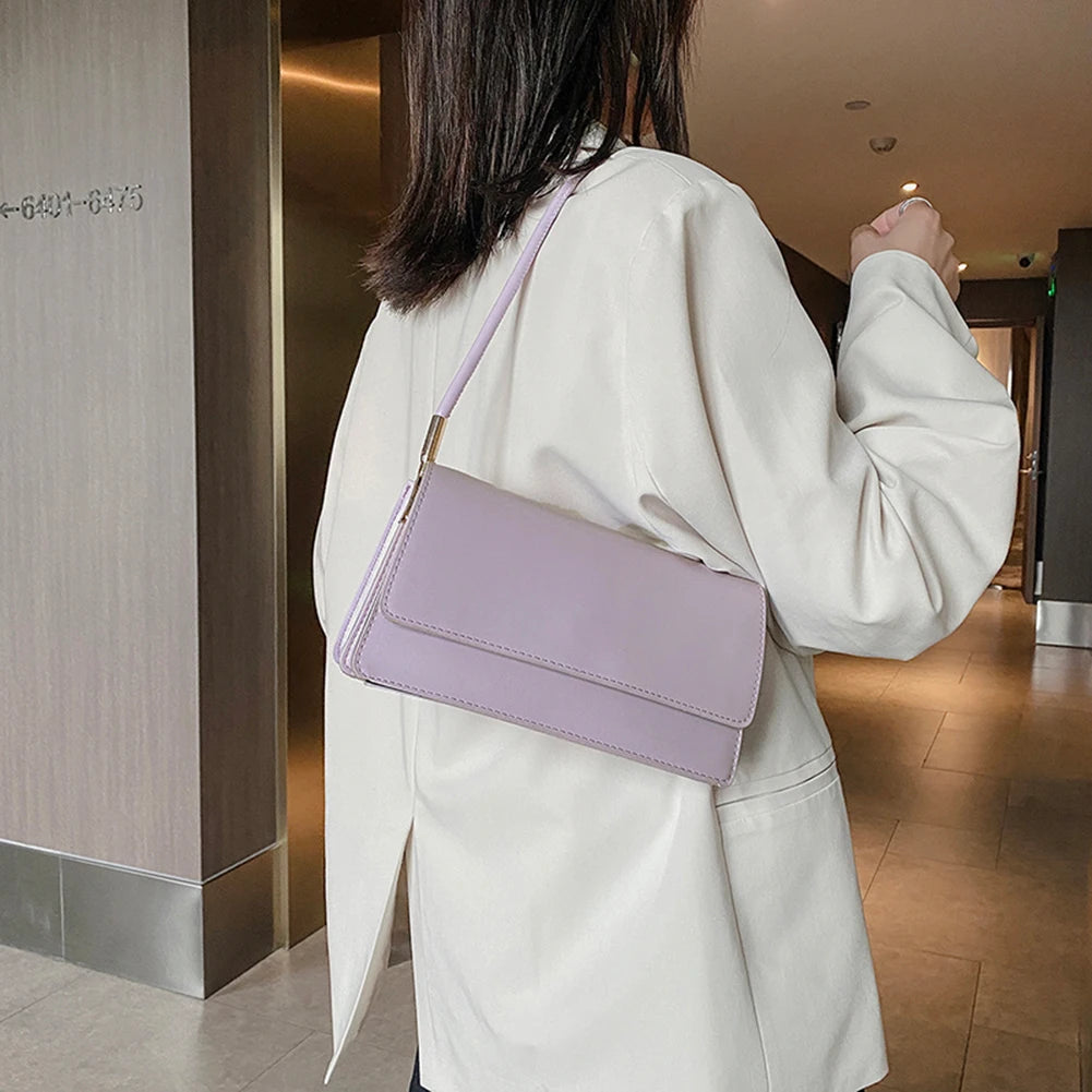 Solid PU Leather Flap Small Top-Handle Shoulder Bag