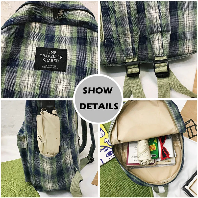 Striped Backpack Women Student Plaid School Bag Teenage Girls Travel Laptop