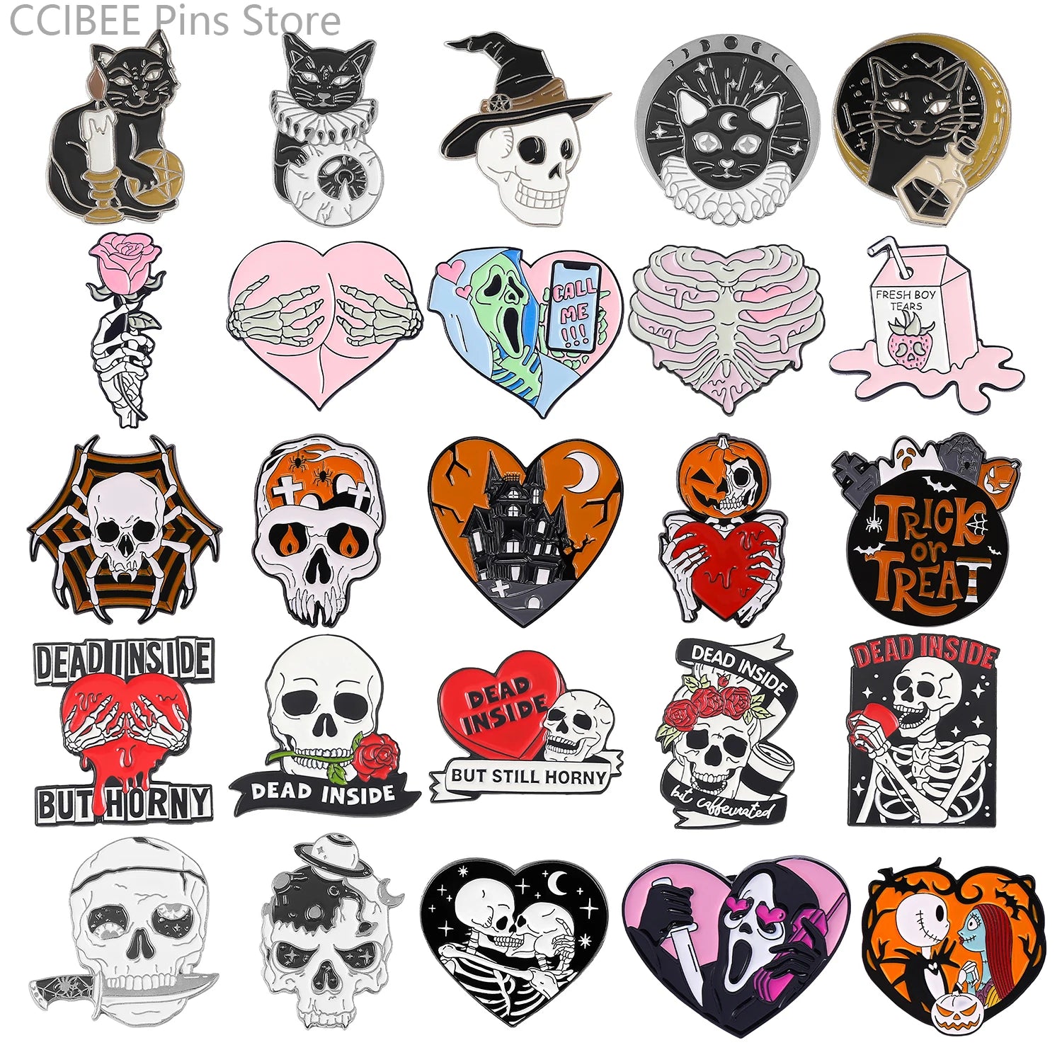 Skull Rose Heart Pin Punk Style Halloween Cat Head Compass Wizard Hat