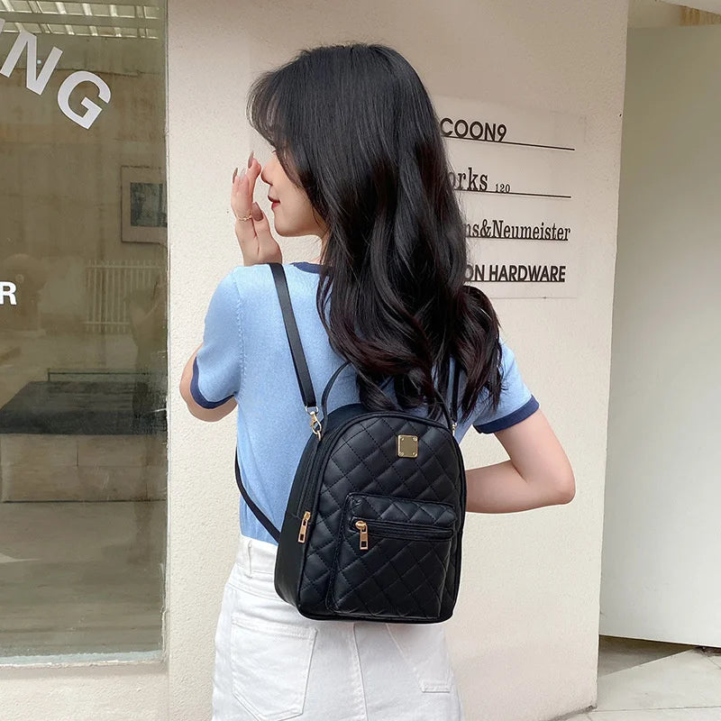 Small Women's Backpack Diamond Grids PU Leather Bag