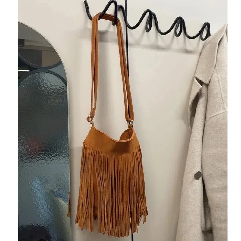 Bohemian Fringe Tassel Bag Vintage PU Leather Purse Women's Crossbody Messenger