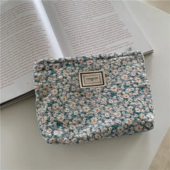 Fresh Floral Cotton Cosmetic Bag Zipper Large Capacity Storage Handbag