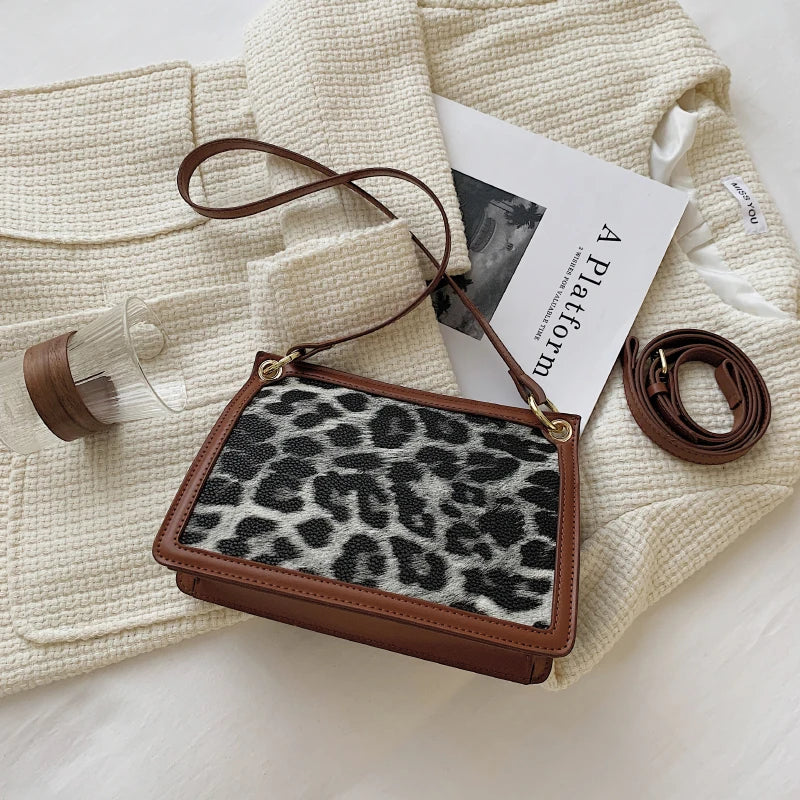 Leopard Leather Shoulder Bag Crossbody Vintage Handbag Messenger