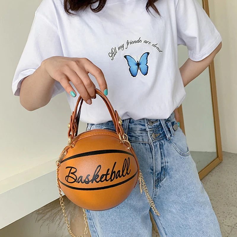 Personality Basketball Hand Bag Women Chains Handbag Mini Round Tote