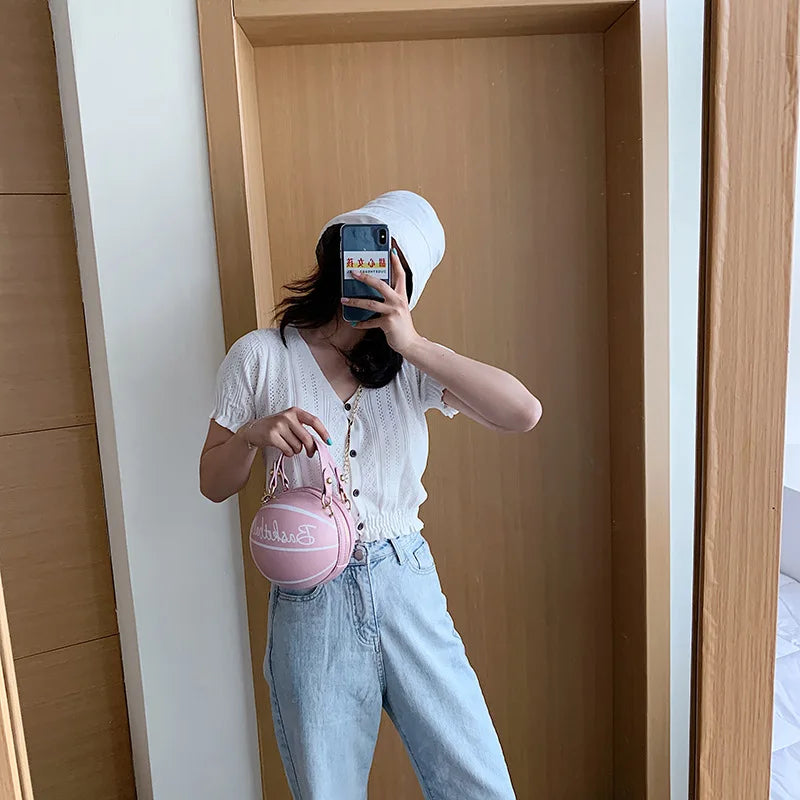 Personality Basketball Hand Bag Women Chains Handbag Mini Round Tote
