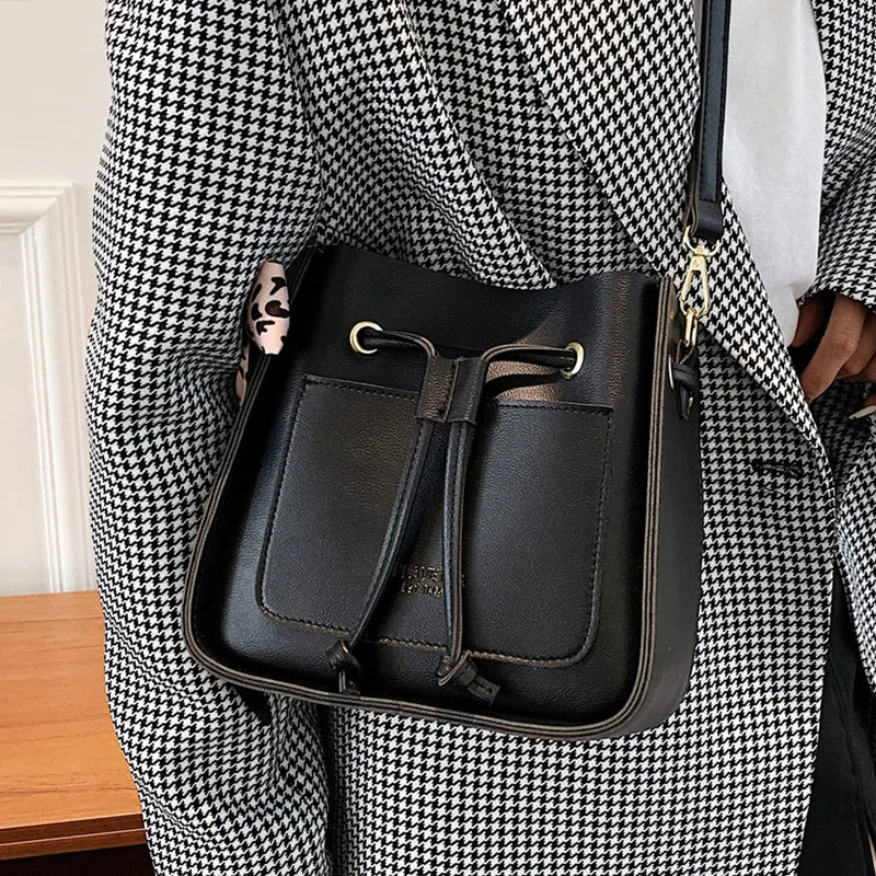 Square Bucket Bag Women PU Leather Crossbody Handbag Drawstring Shoulder