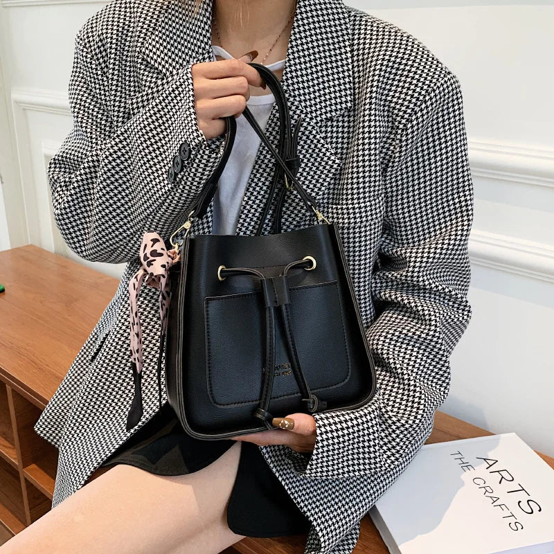 Square Bucket Bag Women PU Leather Crossbody Handbag Drawstring Shoulder