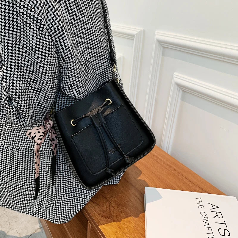 Square Bucket Bag Women PU Leather Crossbody Handbag Drawstring Shoulder