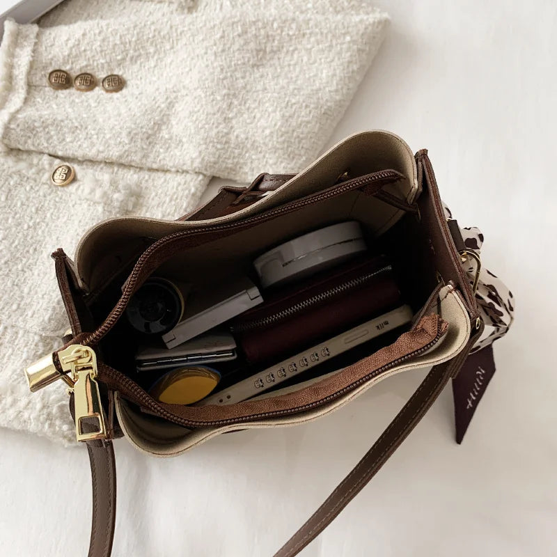 Square Bucket Bag Women PU Leather Crossbody Handbag Drawstring Shoulder