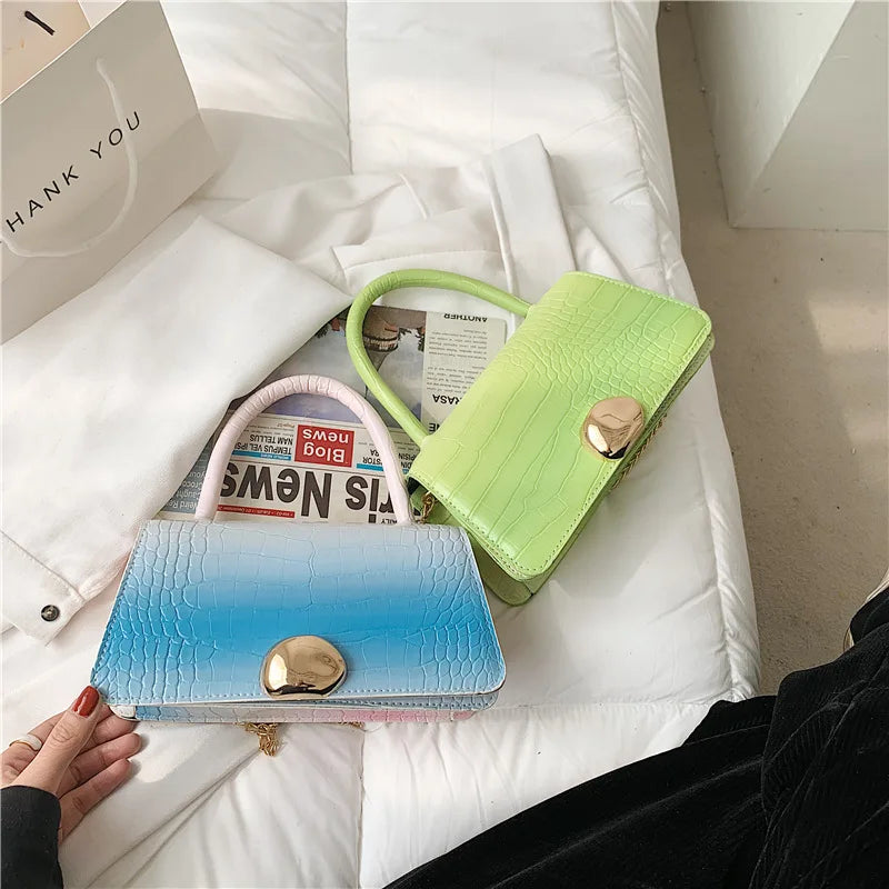 Small Square Flap Bag Stone Pattern Lock Chain Shoulder Messenger Bag