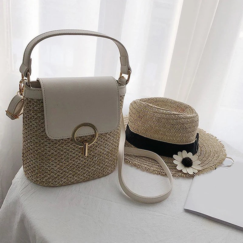Straw Bucket Crossbody Bag Women Summer Travel Purse Handbag Shoulder Messenger