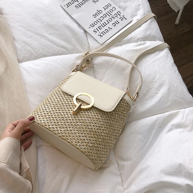 Straw Bucket Bag for Women Crossbody Summer Handbag Lady Shoulder Bag