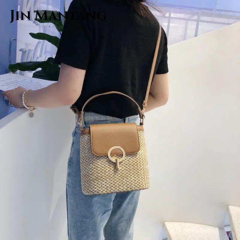 Straw Bucket Bag for Women Crossbody Summer Handbag Lady Shoulder Bag