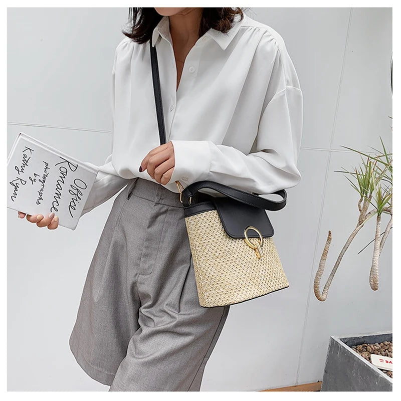 Straw Bucket Bags for Women Summer Crossbody Bags Lady Travel Purses