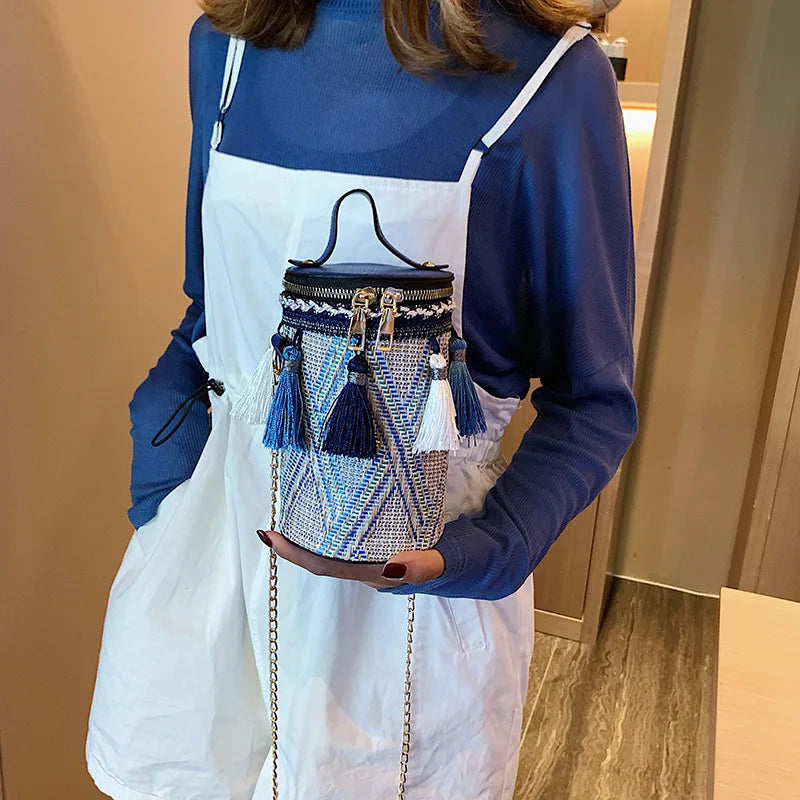Straw Woven Bucket Bag Boho Tassel Chain Shoulder Messenger Clutch