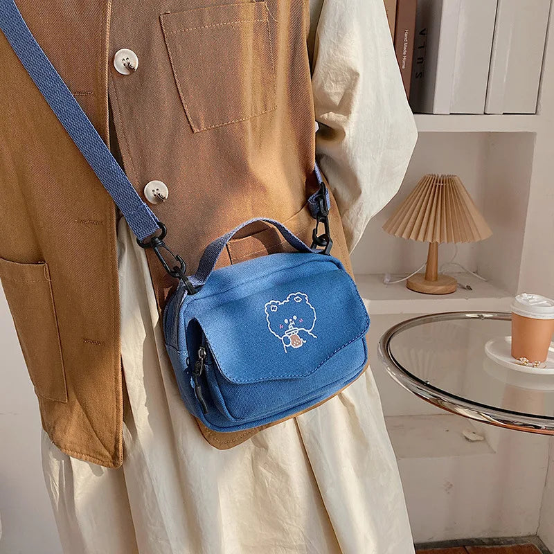 Small Women Canvas Shoulder Bags Cartoon Print Mini Canvas Handbags Phone Crossb