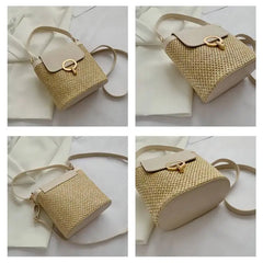Small Woven Bucket Bag Beach Handbags for Women Female Travel Vacation Straw Cro