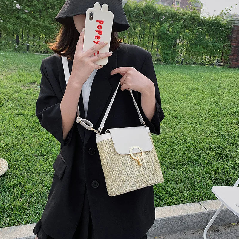 Small Woven Bucket Bag Beach Handbags for Women Female Travel Vacation Straw Cro