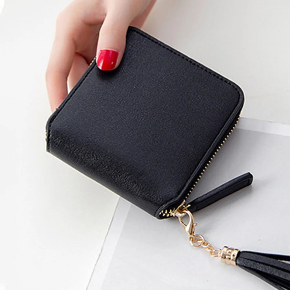 Soft Square Women Wallet with Tassel Drop and Smooth Zipper Closure