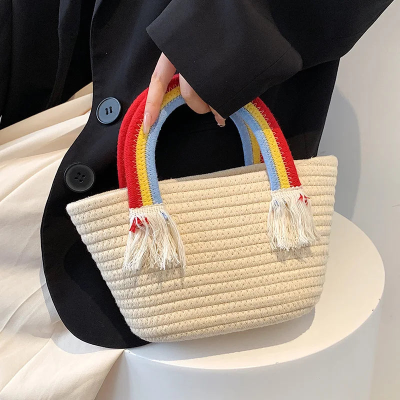 Soft Fabric Rainbow Handle Small Top Handle Tote Bag