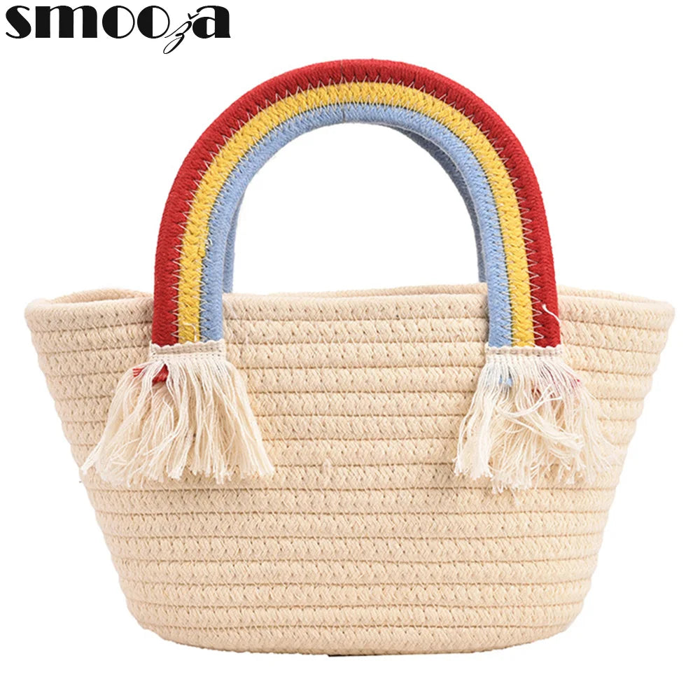 Soft Fabric Rainbow Handle Small Top Handle Tote Bag