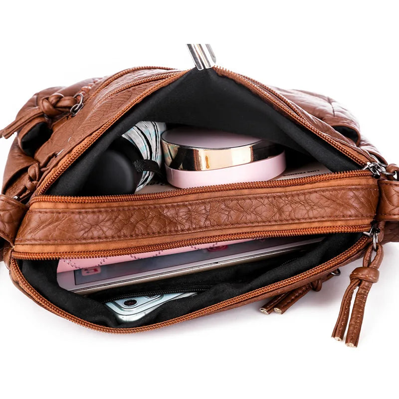 Brown Woven Crossbody Bag with Zipper Pockets for Women