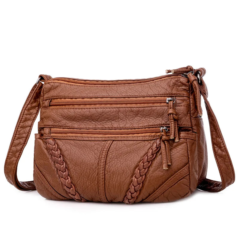 Brown Woven Crossbody Bag with Zipper Pockets for Women