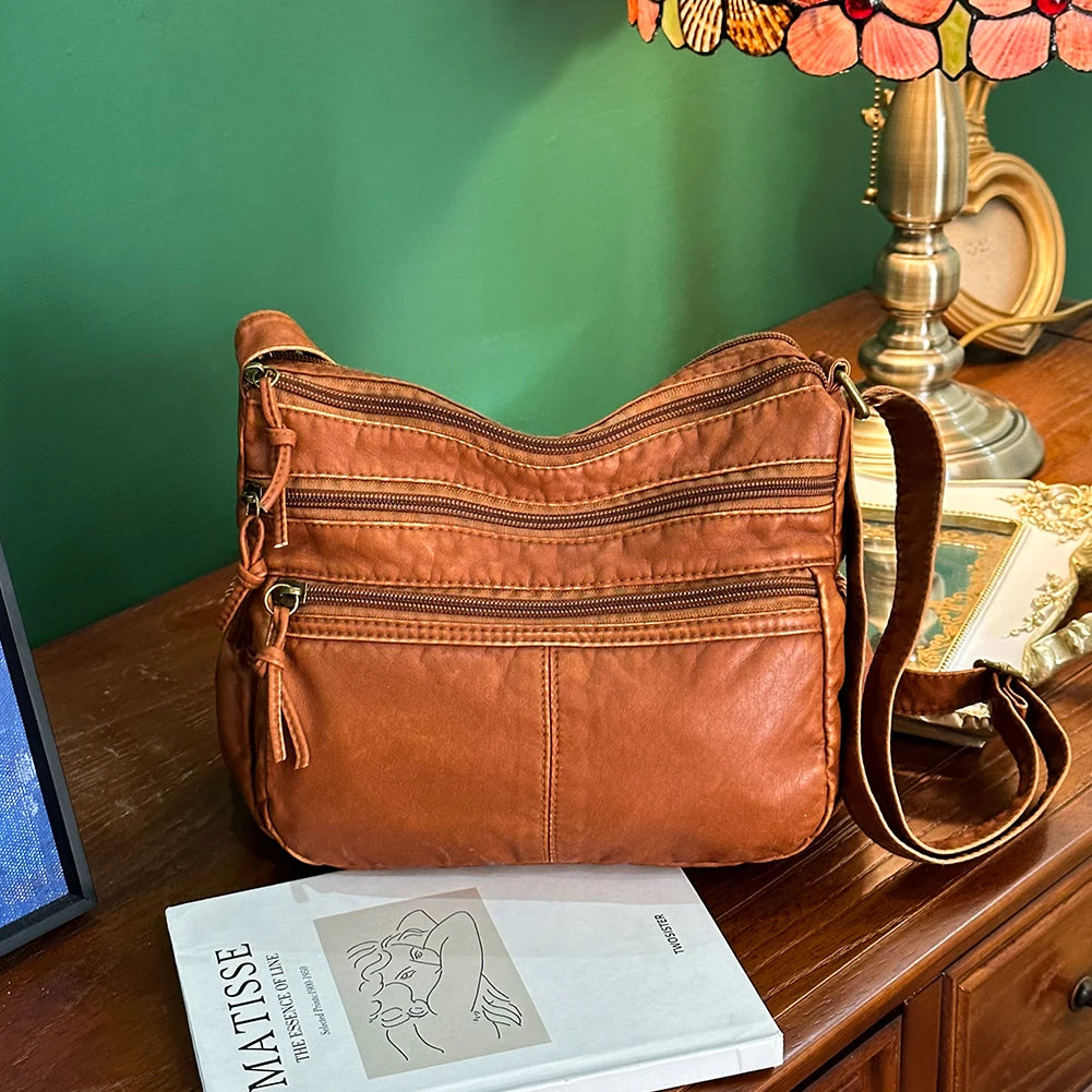 Soft PU Leather Handbags Multi-pocket Top Handle Satchel