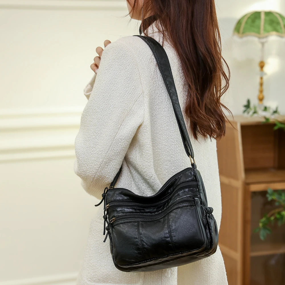 Soft PU Leather Handbags Multi-pocket Top Handle Satchel