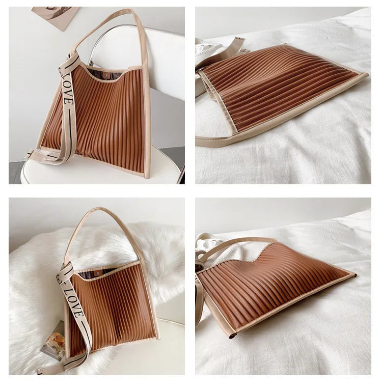 Soft PU Leather Shoulder Bag Stripe Crossbody Big Totes Handbag Purse
