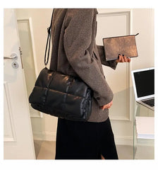 Soft PU Padded Shoulder Crossbody Bag Winter Tote Ladies Solid Handbag