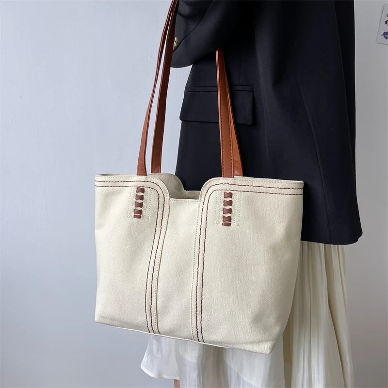 Solid Canvas Women Shoulder Bag Travel Outside Shopping Bag
