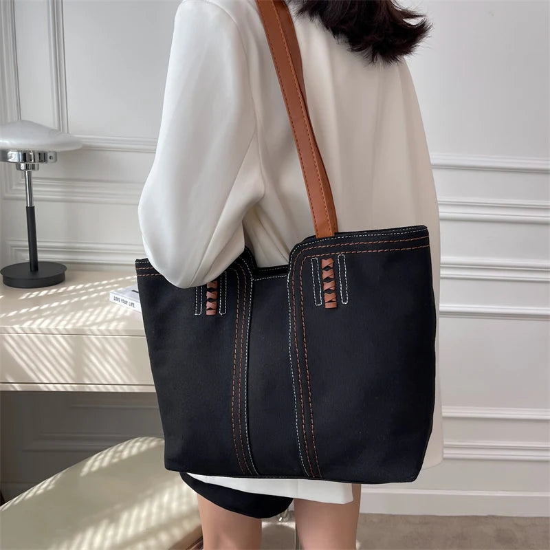 Solid Canvas Women Shoulder Bag Travel Outside Shopping Bag
