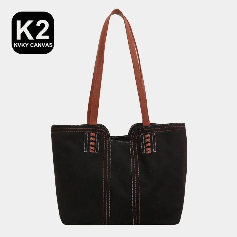 Solid Canvas Women Shoulder Bag Travel Outside Shopping Bag