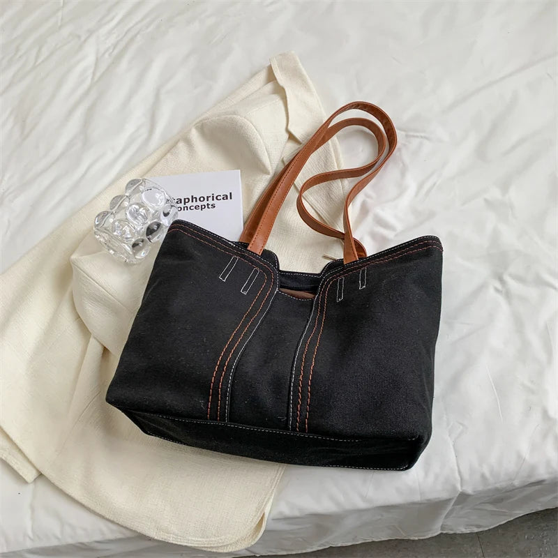 Solid Canvas Women Shoulder Bag Travel Outside Shopping Bag