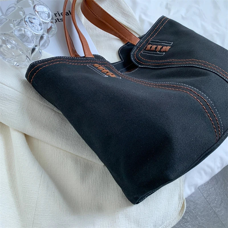 Solid Canvas Women Shoulder Bag Travel Outside Shopping Bag