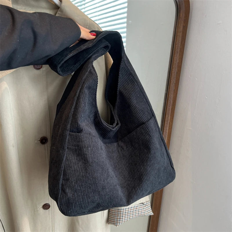 Corduroy Canvas Shoulder Tote Bag For Women Hasp Handbag Female Armpit Bag