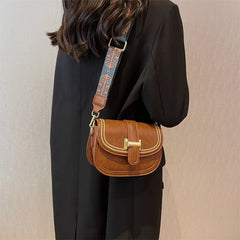 Flap Square Crossbody Bag PU Leather Wide Strap Handbag