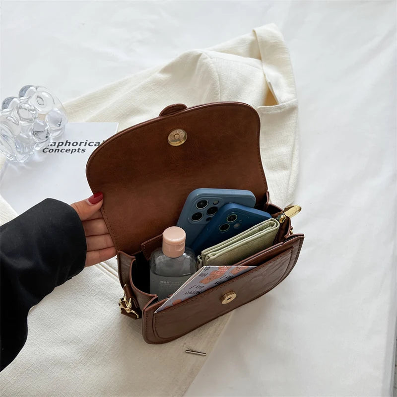 Flap Square Crossbody Bag PU Leather Wide Strap Handbag