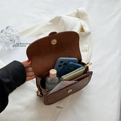 Flap Square Crossbody Bag PU Leather Wide Strap Handbag